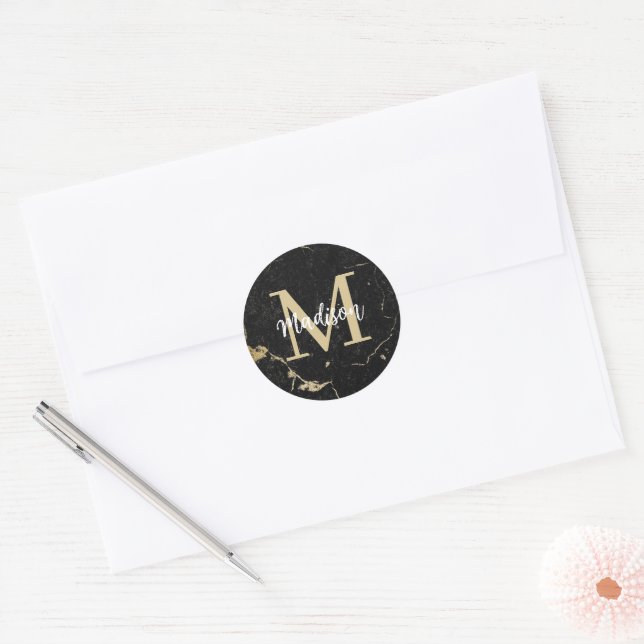 Monogram Gold Black Marble Classic Round Sticker (Envelope)