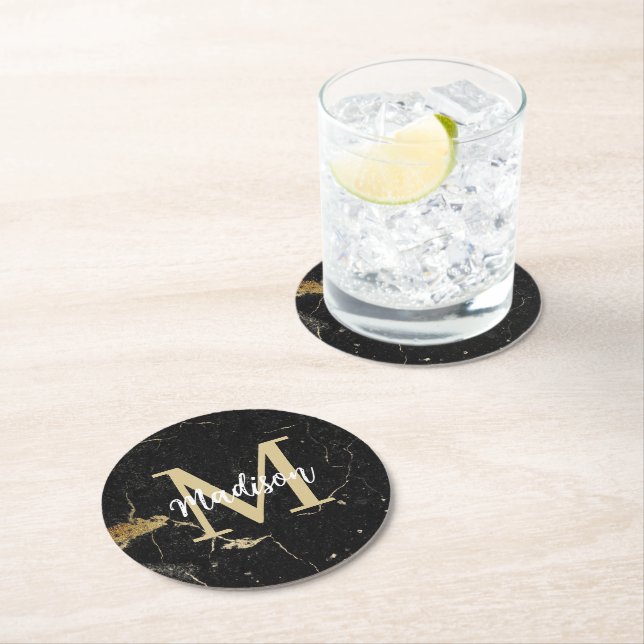 Monogram Gold Black Marble Round Paper Coaster (Insitu)