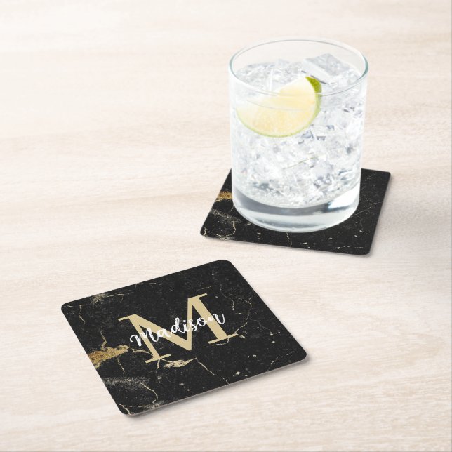 Monogram Gold Black Marble Square Paper Coaster (Insitu)