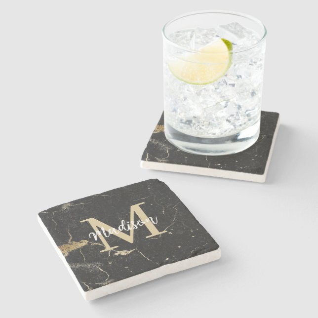 Monogram Gold Black Marble Stone Coaster (Side)