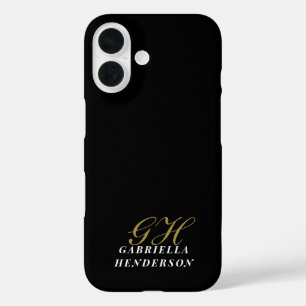 Monogram Gold Black Minimalist White Name Elegant  iPhone 16 Case