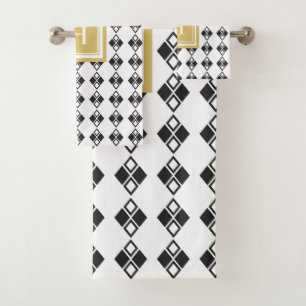 Monogram gold black white harlequin pattern bath towel set