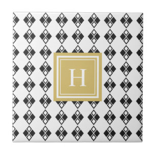 Monogram gold black white harlequin pattern tile