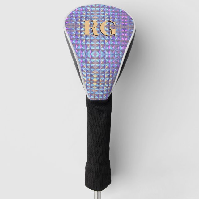 Monogram, Gold, Blue & Purple Iridescent Geometric Golf Head Cover (Front)