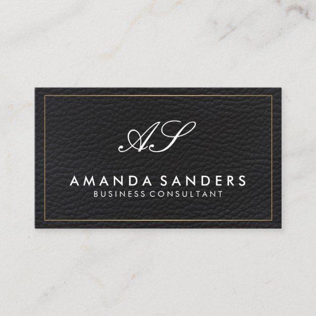 Monogram Gold Border Faux Leather Business Card (Front)