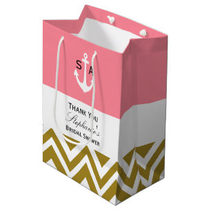 Monogram Gold Chevron with Pink Nautical Bridal Medium Gift Bag
