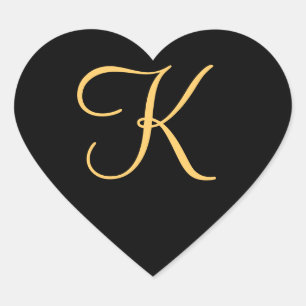Monogram , gold coloured initial K on black, Heart Sticker