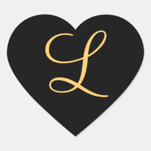 Monogram , gold coloured initial L on black, Heart Sticker