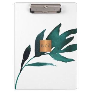 Monogram gold copper metallic ocean blue leaf clipboard