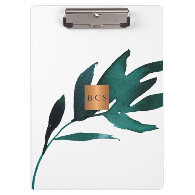 Monogram gold copper metallic ocean blue leaf clipboard (Front)