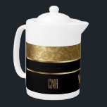 Monogram Gold Damask and Black<br><div class="desc">Teapot. Monogram Gold Damask and Black Pattern Design. 📌If you need further customisation, please click the "Click to Customise further" or "Customise or Edit Design" button and use our design tool to resize, rotate, change text colour, add text and so much more. ⭐This Product is 100% Customisable. Graphics and /...</div>
