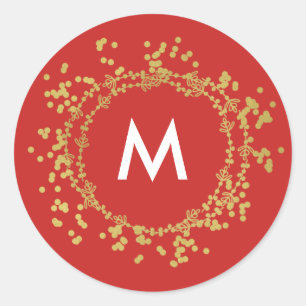 Monogram Gold Decorative Christmas Red Classic Round Sticker