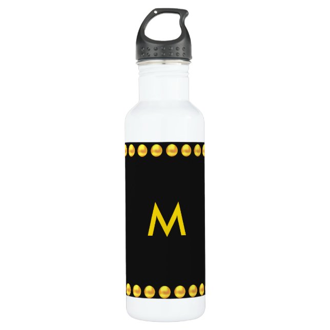 Monogram & Gold Dotted Stripes on Black 710 Ml Water Bottle (Front)