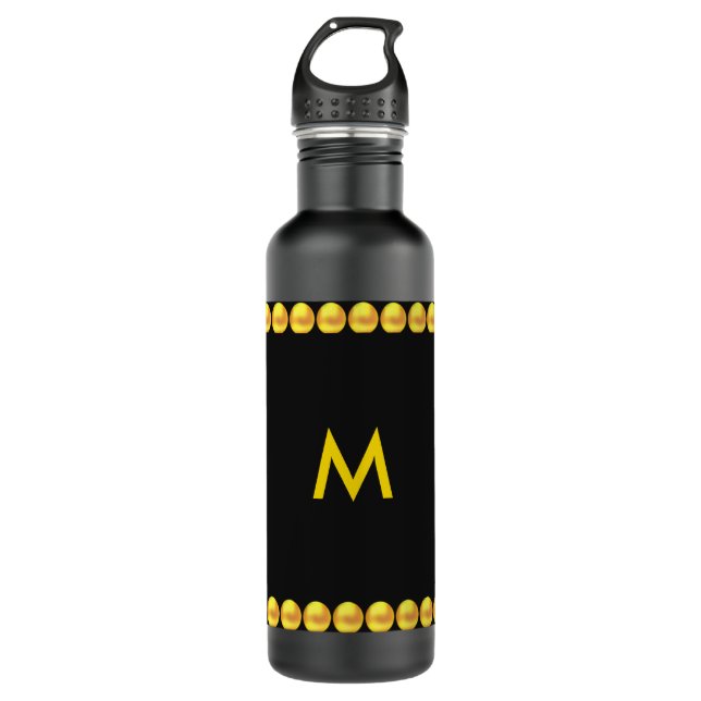 Monogram & Gold Dotted Stripes on Black 710 Ml Water Bottle (Front)