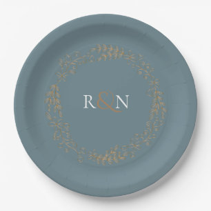 Monogram Gold Floral Laurel Garland Paper Plate