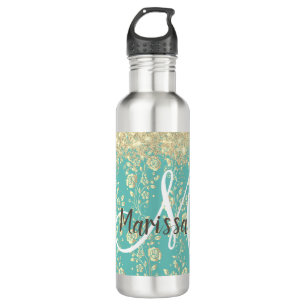 Monogram Gold Floral on Green Teal 710 Ml Water Bottle
