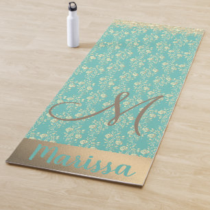 Monogram Gold Floral on Green Teal Custom Yoga Mat