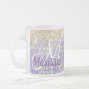 Monogram Gold Floral on Lavender         Frosted Glass Coffee Mug