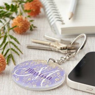 Monogram Gold Floral on Lavender Key Ring