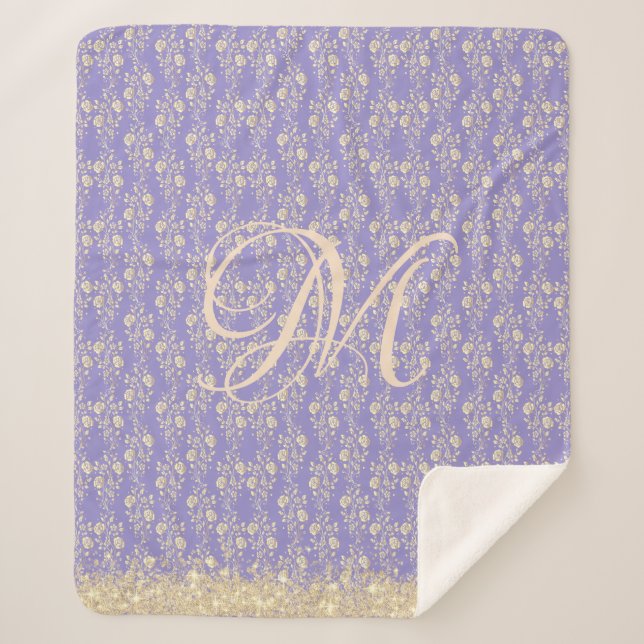 Monogram Gold Floral on Lavender         Sherpa Bl Blanket (Front)
