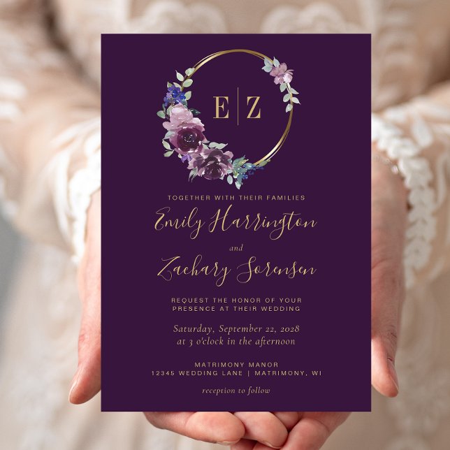 Monogram Gold Floral Wreath Purple Wedding Invitation (Creator Uploaded)