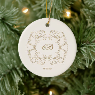 Monogram Gold Flourish Wreath Wedding Date Elegant Ceramic Tree Decoration
