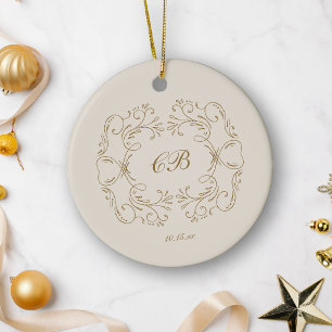 Monogram Gold Flourish Wreath Wedding Date Elegant Ceramic Tree Decoration