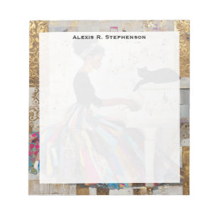 Monogram Gold Foil Black Lady Pianist and Cat Notepad