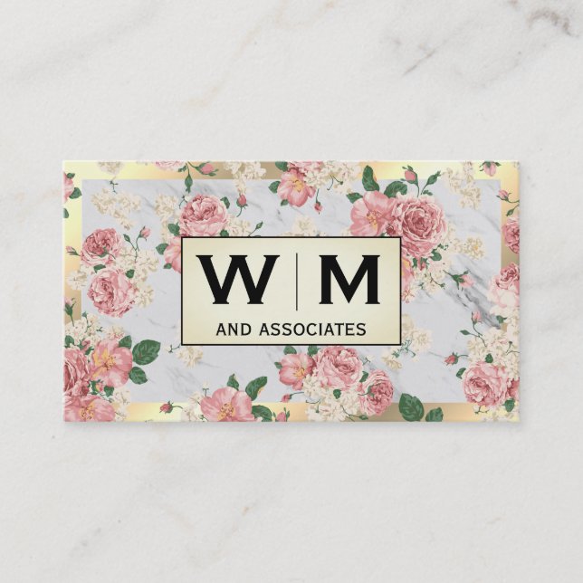 Monogram Gold Frame Marble with Floral Pattern Business Card (Front)