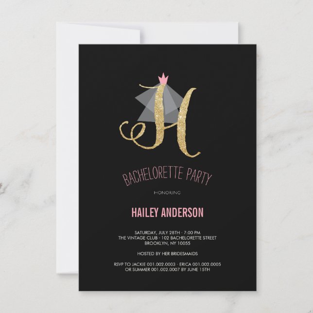 Monogram Gold Glitter Bachelorette Party Invite (Front)