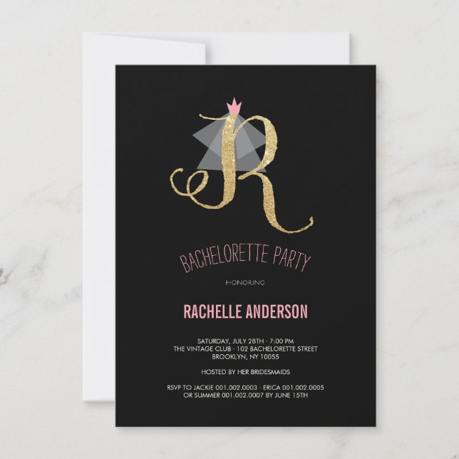 Monogram Gold Glitter Bachelorette Party Invite (Front)