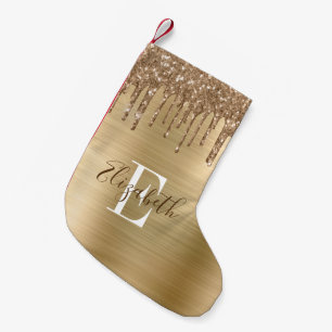 Monogram Gold Glitter Drips & Brushed Metal Small Christmas Stocking