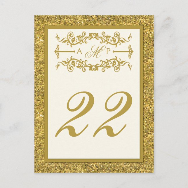 Monogram Gold Glitter LOOK Table Number Card (Front)