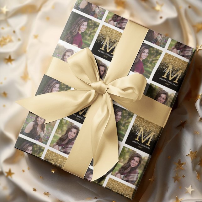 Monogram Gold Glitter Photo Christmas Wrapping Paper (Creator Uploaded)