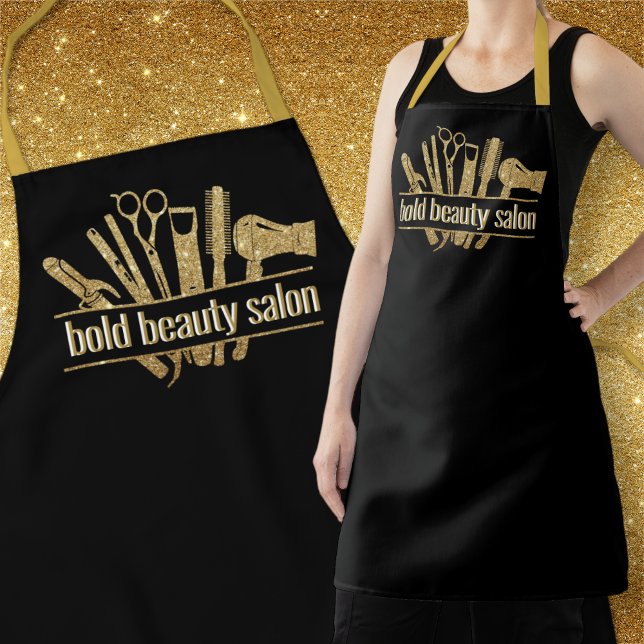 Monogram Gold Glitter Salon Tool Hairstylist Black Apron (Creator Uploaded)