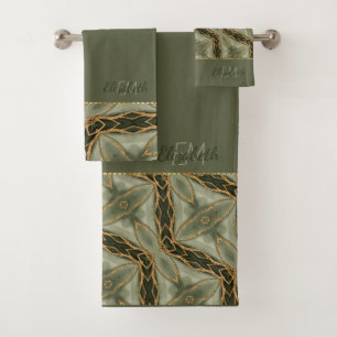 Monogram Gold Green Stylish Modern Bath Towel Set