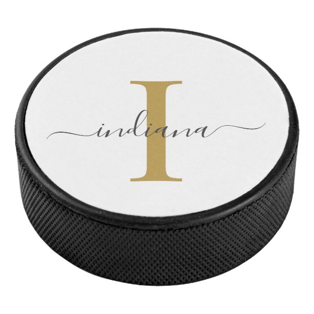 Monogram Gold Grey Script Name Modern Typography Hockey Puck (3/4)