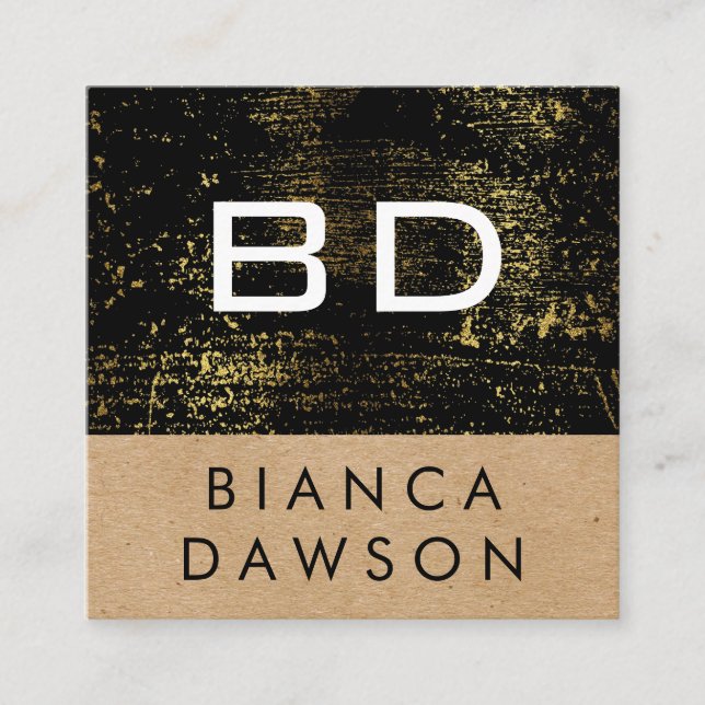 Monogram Gold Grunge Geometric Natural Square Business Card (Front)