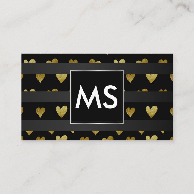 Monogram | Gold Hearts | Stripes Business Card (Front)