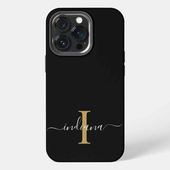Monogram Gold Initial Grey Script Name Modern iPhone Case (Back)