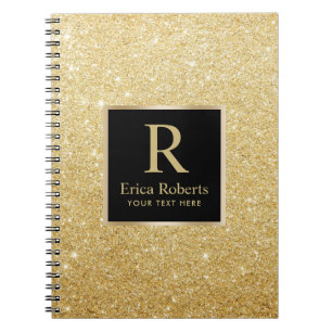 Monogram Gold Initial Modern Faux Gold Glitter Spiral Notebook