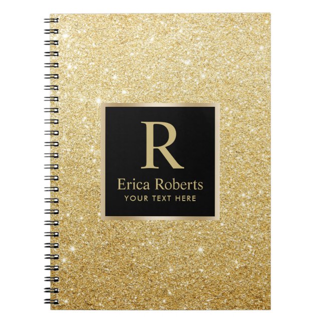Monogram Gold Initial Modern Faux Gold Glitter Spiral Notebook (Front)