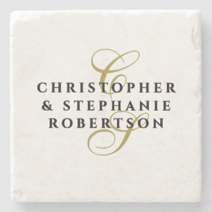 Monogram Gold Initials Black Names Minimalist Chic Stone Coaster