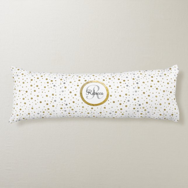 Monogram Gold Leaf Print Silver Confetti Body Cushion (Front)