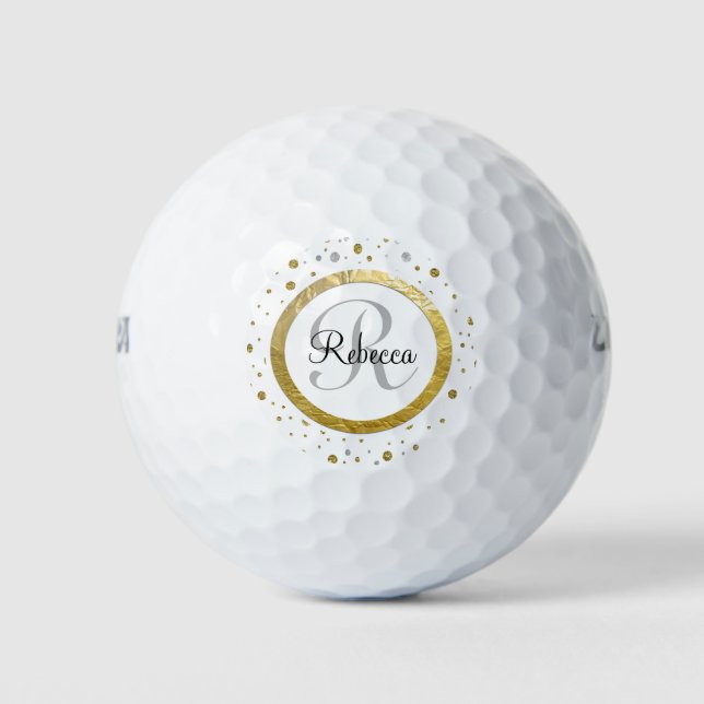 Monogram Gold Leaf Print Silver Confetti Golf Balls (Front)
