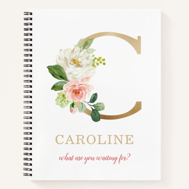 Monogram Gold Letter C | Floral Motto or quote Notebook (Front)