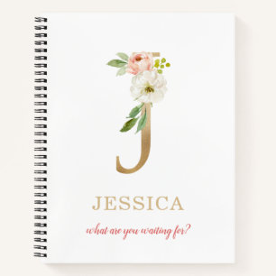 Monogram Gold Letter J Floral Motto or quote Notebook