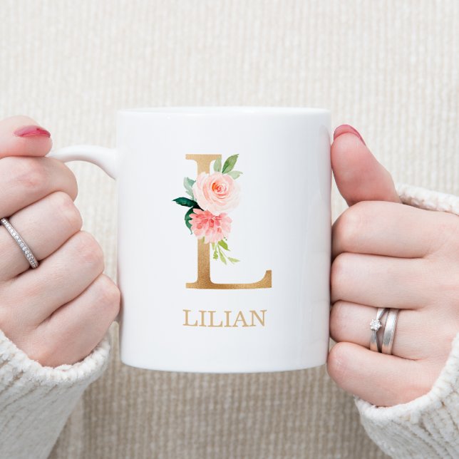 Monogram Gold Letter L | Floral Pink White Green Coffee Mug (Creator Uploaded)