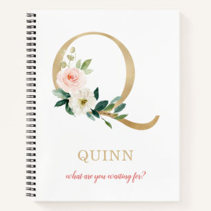 Monogram Gold Letter Q Floral Motto or quote Notebook