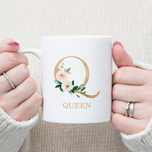 Monogram Gold Letter Q Floral Pink White Green Coffee Mug